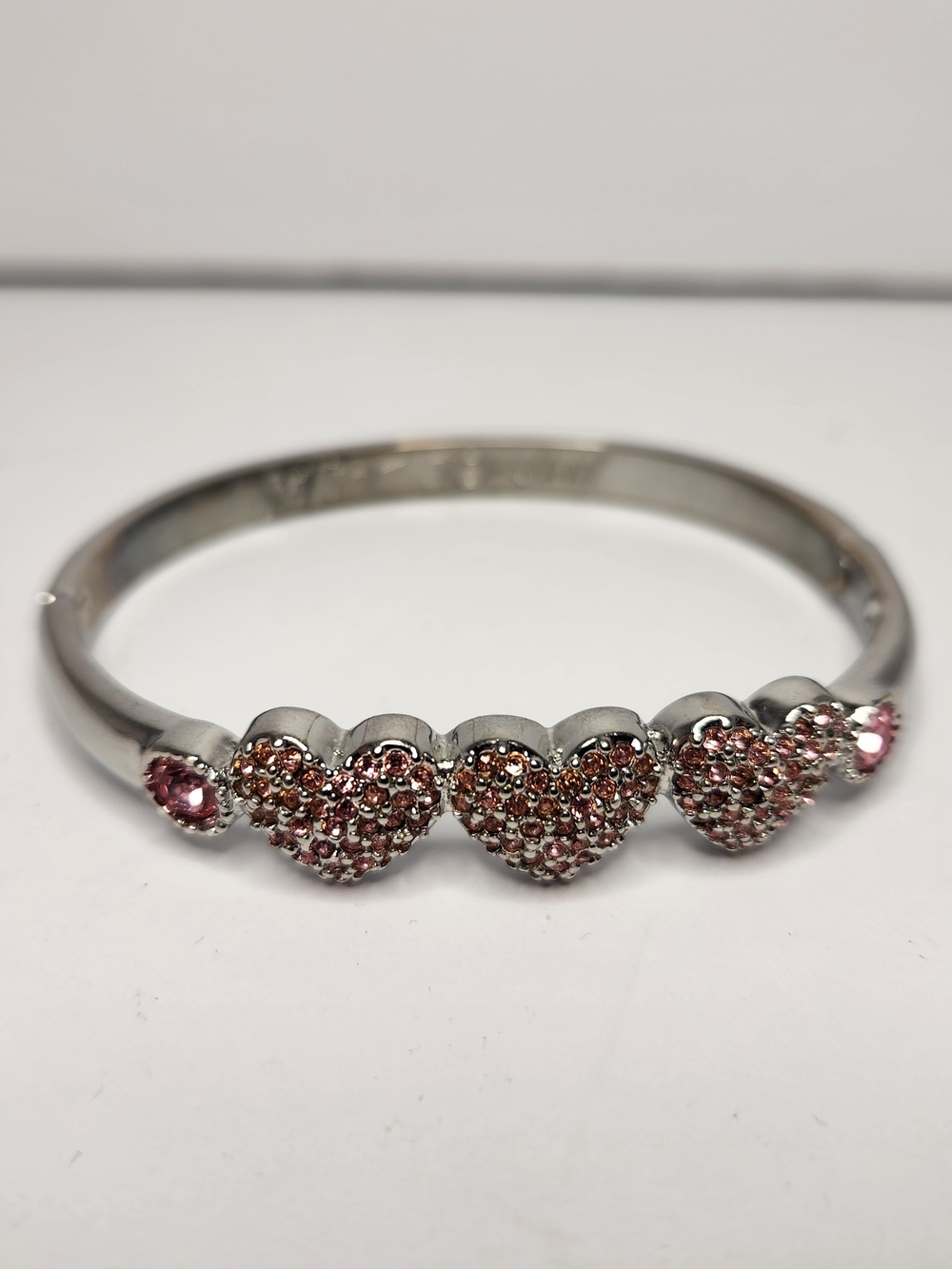 Betsey Johnson Silver-Tone Hinged Bangle Bracelet with Pink Crystal Heart Trio